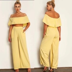 SHEIN Cropped Cape Top & Wide Leg Pants Set Yellow - Size Small